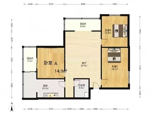 西安南路61号院3室2厅1卫119.67㎡南北155万