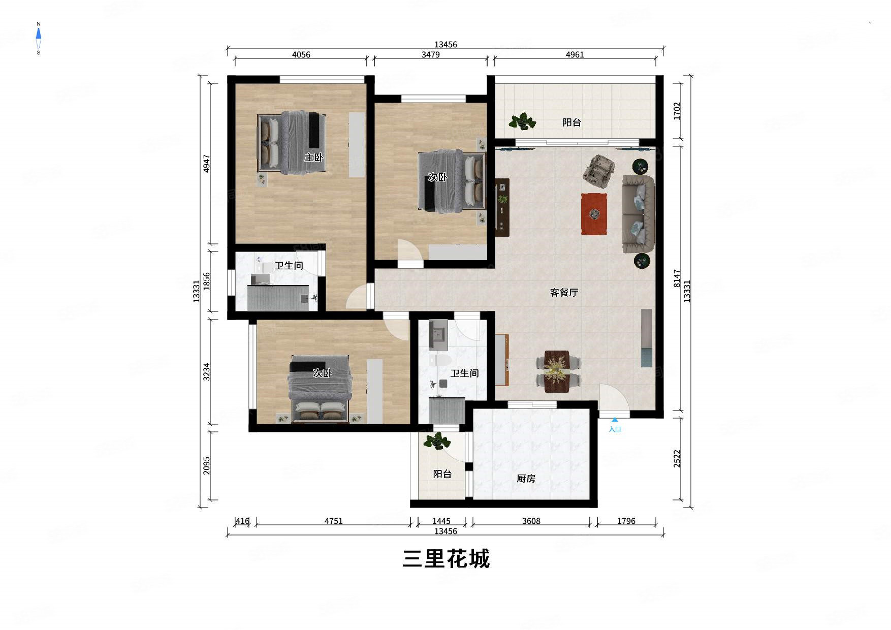 富豪三里花城3室2厅2卫98.96㎡南北168万