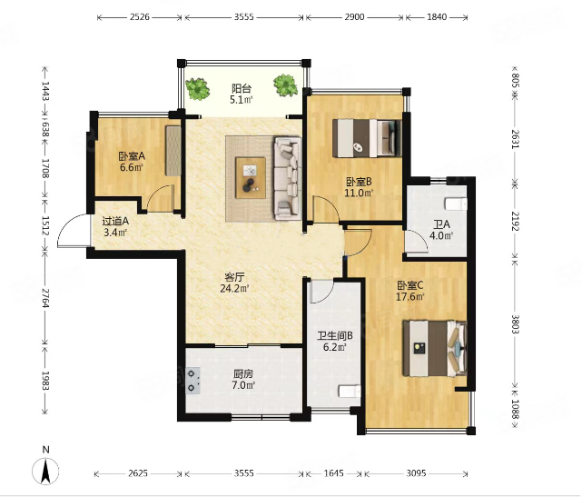 花曼丽舍3室2厅2卫104.95㎡南北185万