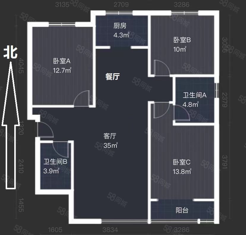 金谈固国瑞城B区3室2厅2卫117㎡南北190万