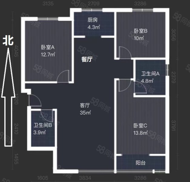 金谈固国瑞城B区3室2厅2卫117㎡南北190万