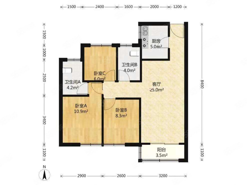 合能公馆3室2厅2卫94㎡南北155万