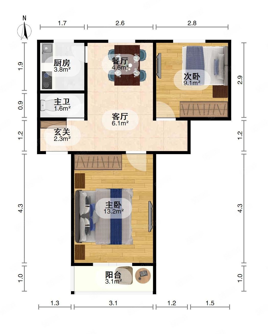 知音西村社区2室1厅1卫56.91㎡南北78万