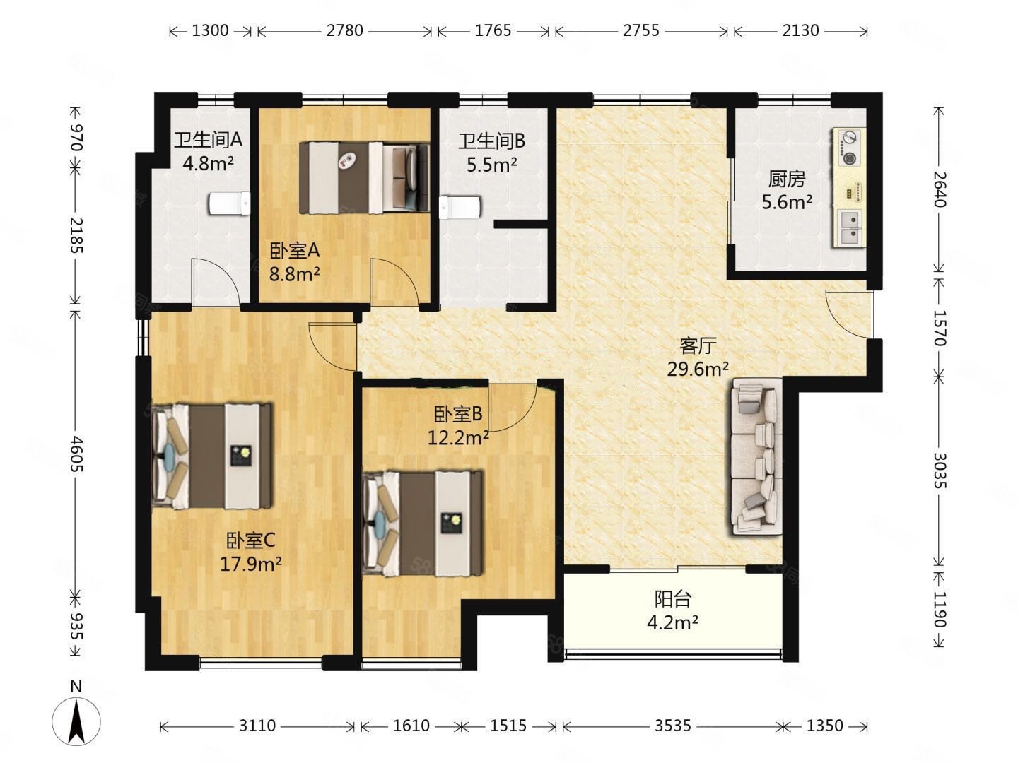 万科美景魅力之城祥润园3室2厅2卫115㎡南北98万