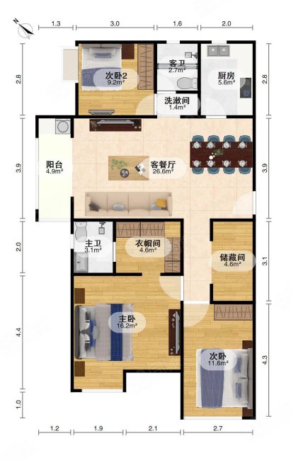 开来都市丰景3室2厅2卫136.22㎡南北165万