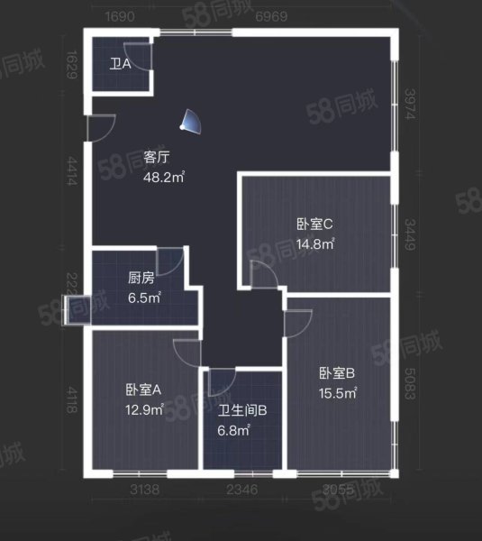 花园广场2室2厅1卫93㎡南北65万