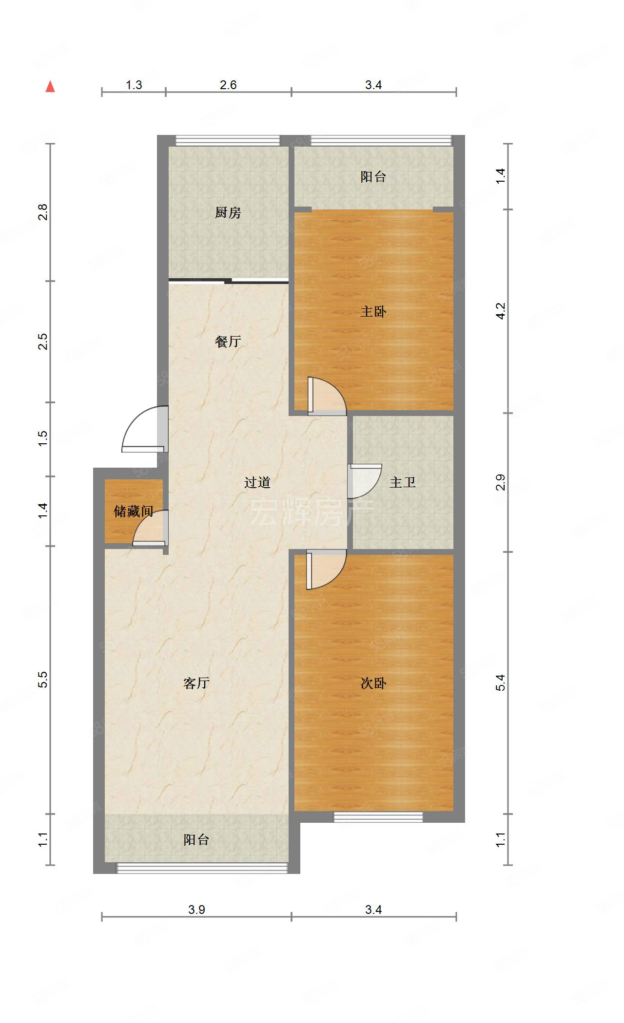 翡翠居2室2厅1卫107㎡南北68万