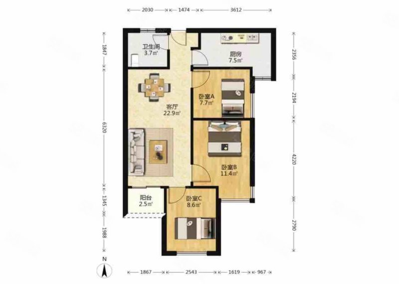 中航华府3室2厅1卫77.47㎡南139万