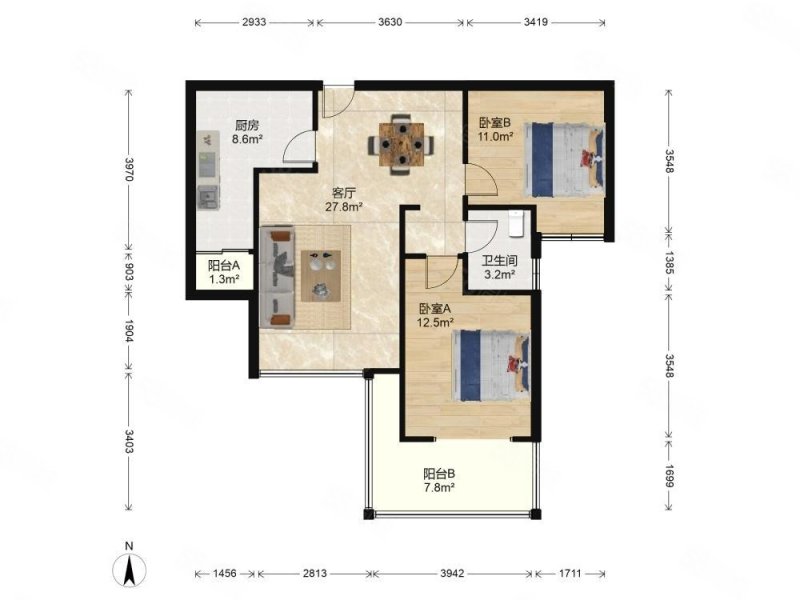 公元西2室2厅1卫78.16㎡南160万