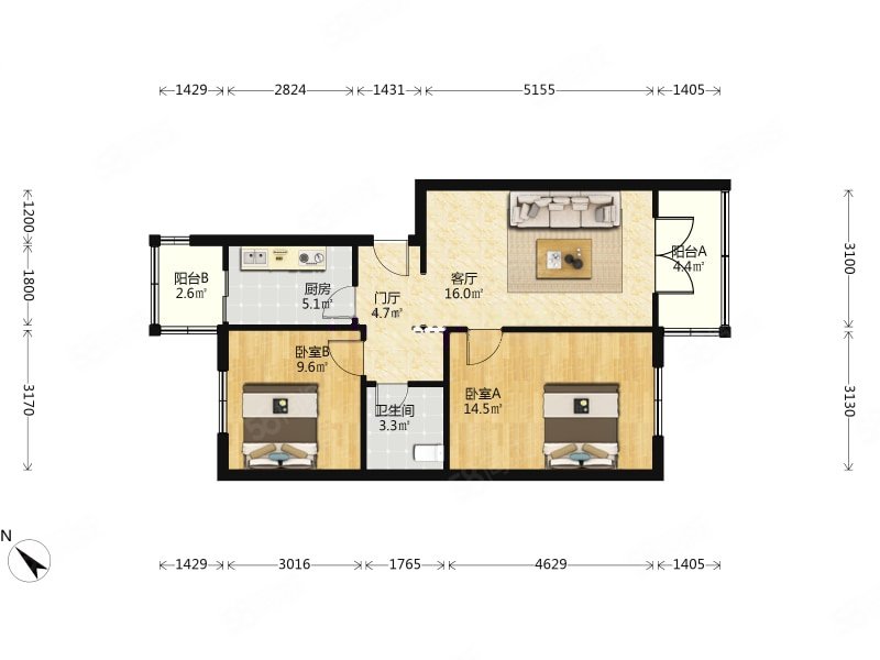 中山门西里2室1厅1卫77.67㎡南北135万