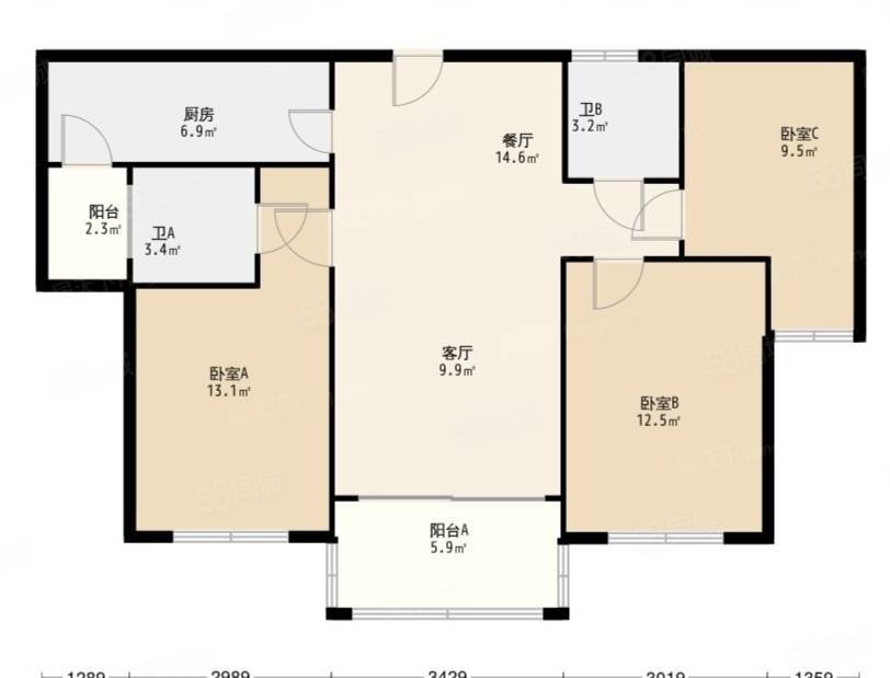 万联枫林小城3室2厅2卫120㎡南北59万