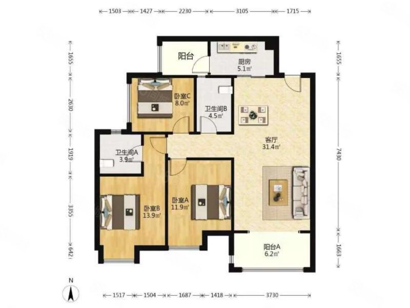 百悦城3室2厅2卫106.93㎡南150万