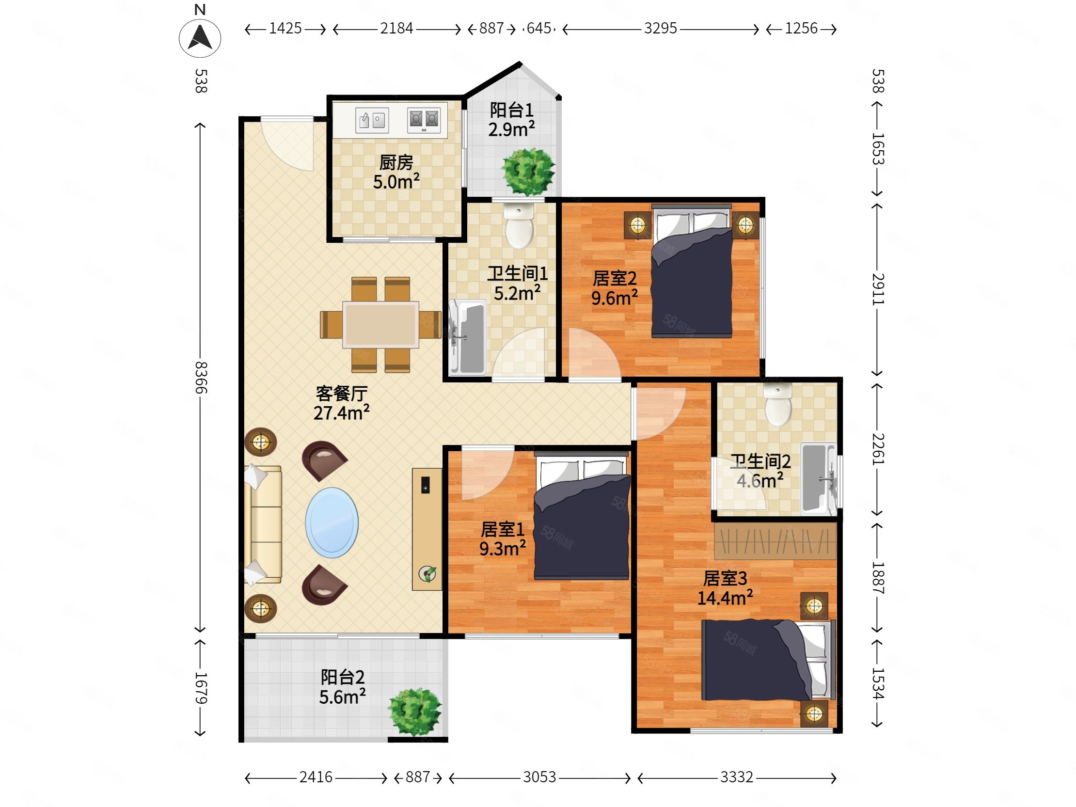 宇宏健康花城3室2厅2卫89.19㎡南430万