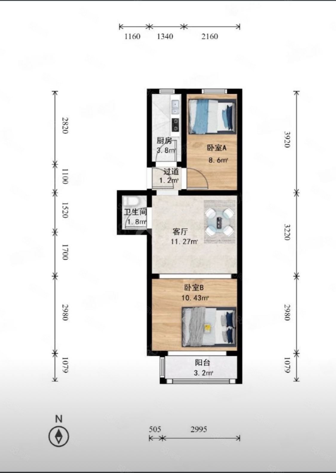 古城街道燕山水泥廠社區(qū)2室1廳1衛(wèi)53.98㎡南北167萬