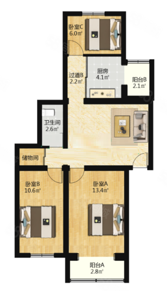 万泉庄小区3室1厅1卫80㎡南北751万