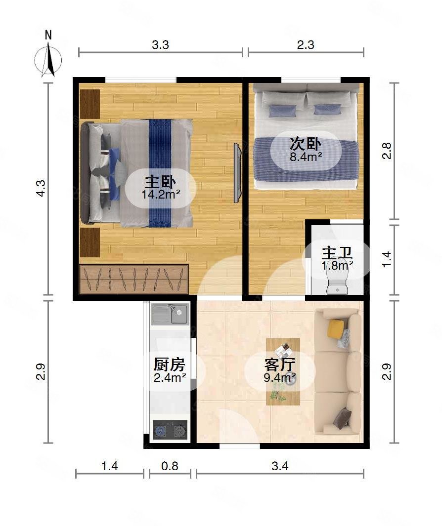 玫瑰园西村2室1厅1卫40.99㎡南北60万