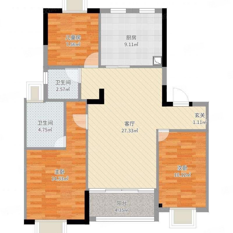 万科城(D区)3室2厅2卫101.08㎡南北93万