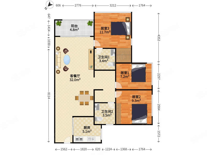 万科天誉(二期)3室2厅2卫87㎡南425万