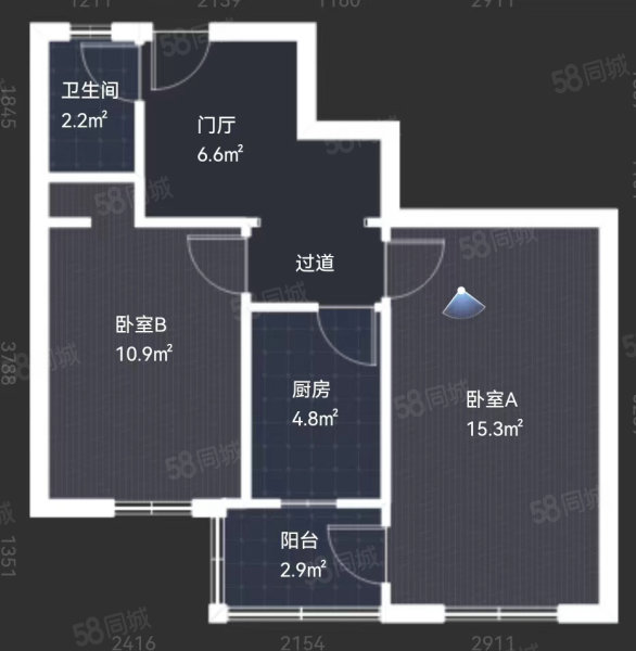 团岛公寓2室1厅1卫61.26㎡南北107万