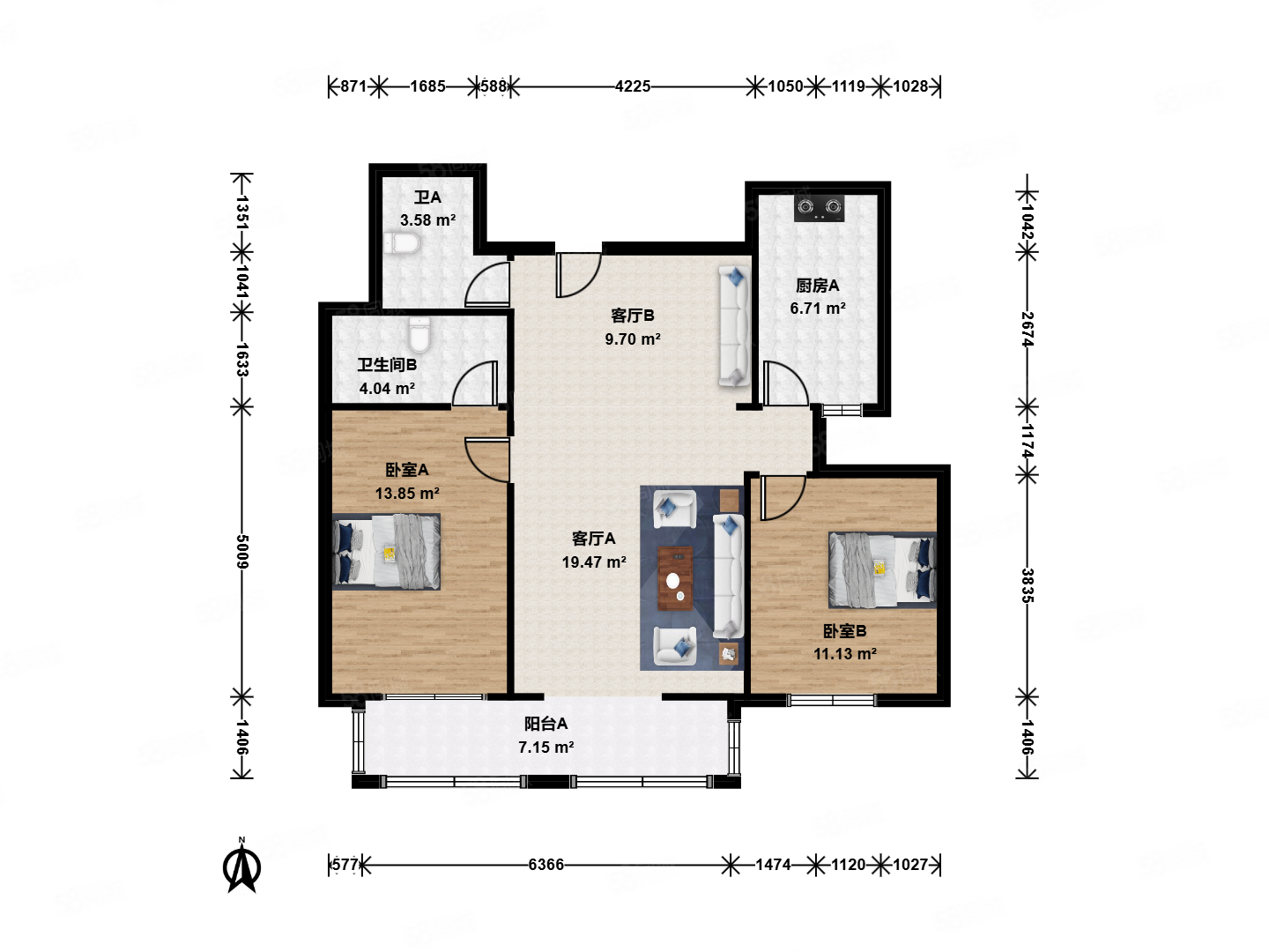 亞奧陽光2室2廳2衛(wèi)108.21㎡南798萬