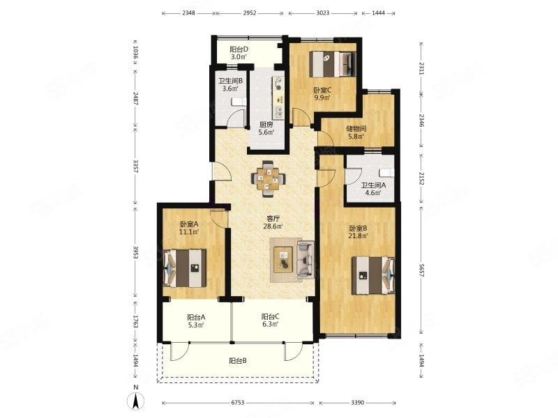 北街家园一区3室2厅2卫132㎡南北566万