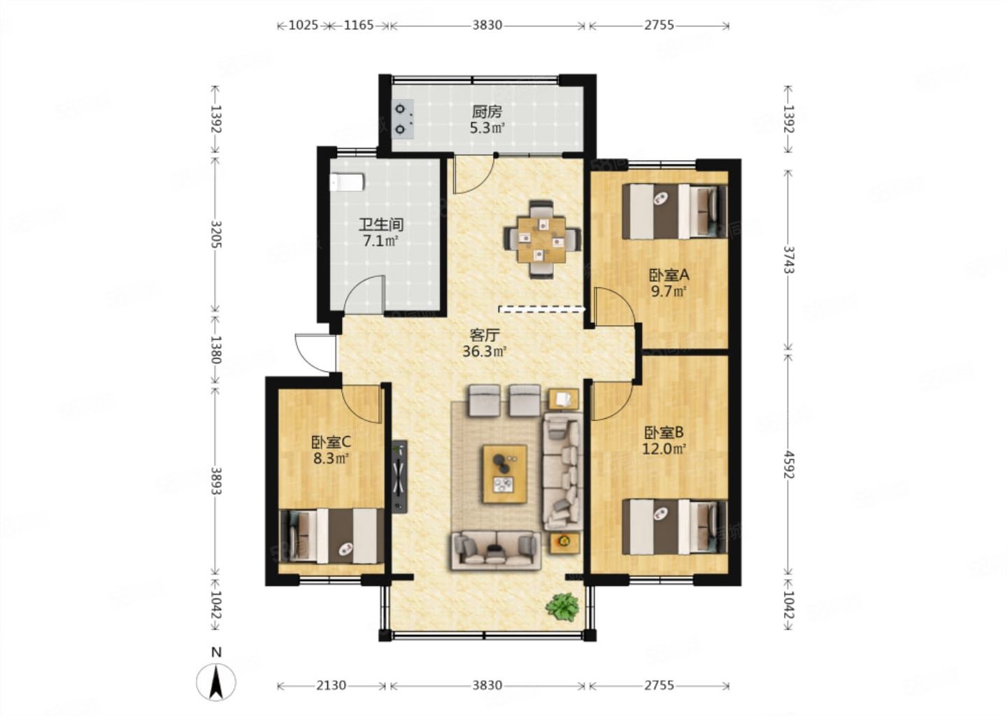 人行小区3室2厅1卫94.16㎡南北64万