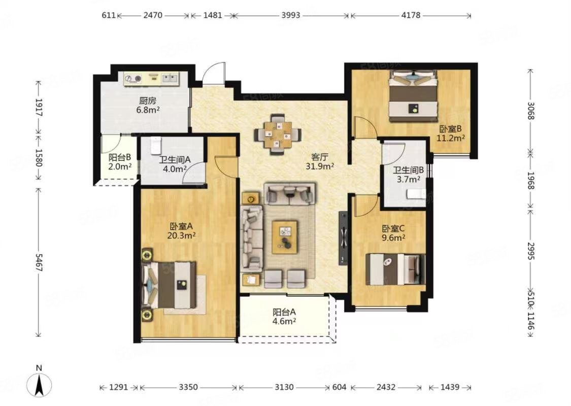 新世界珑璟3室2厅2卫117.15㎡南北120.8万