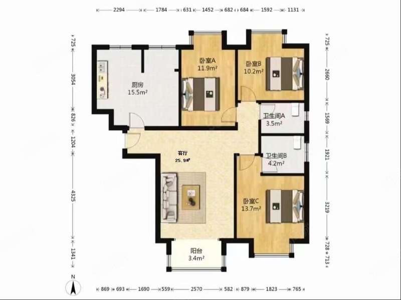 莱圳家园北区3室1厅2卫122.37㎡南北995万