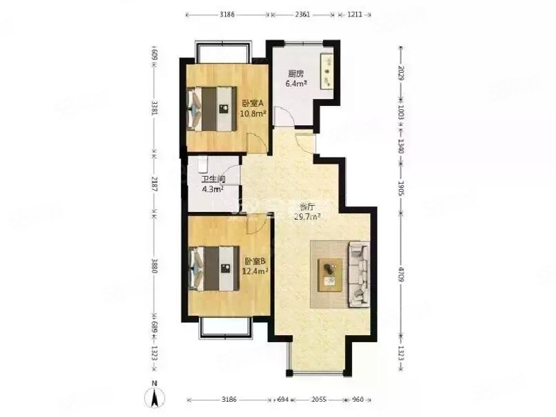 順鑫朗郡2室1廳1衛(wèi)89.82㎡南北136萬