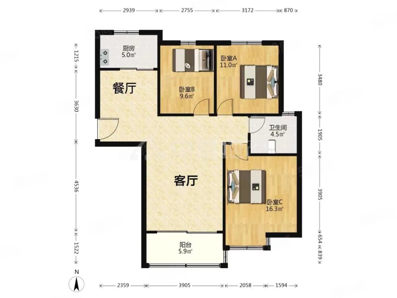 港湾嘉园3室2厅1卫113㎡南北75万