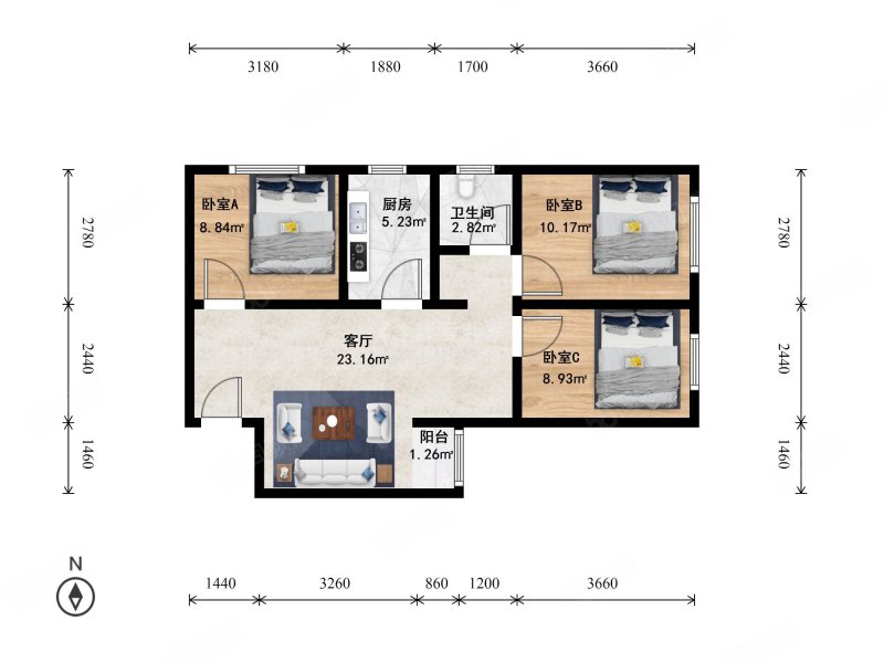 合立方3室1厅1卫86.96㎡东北435万