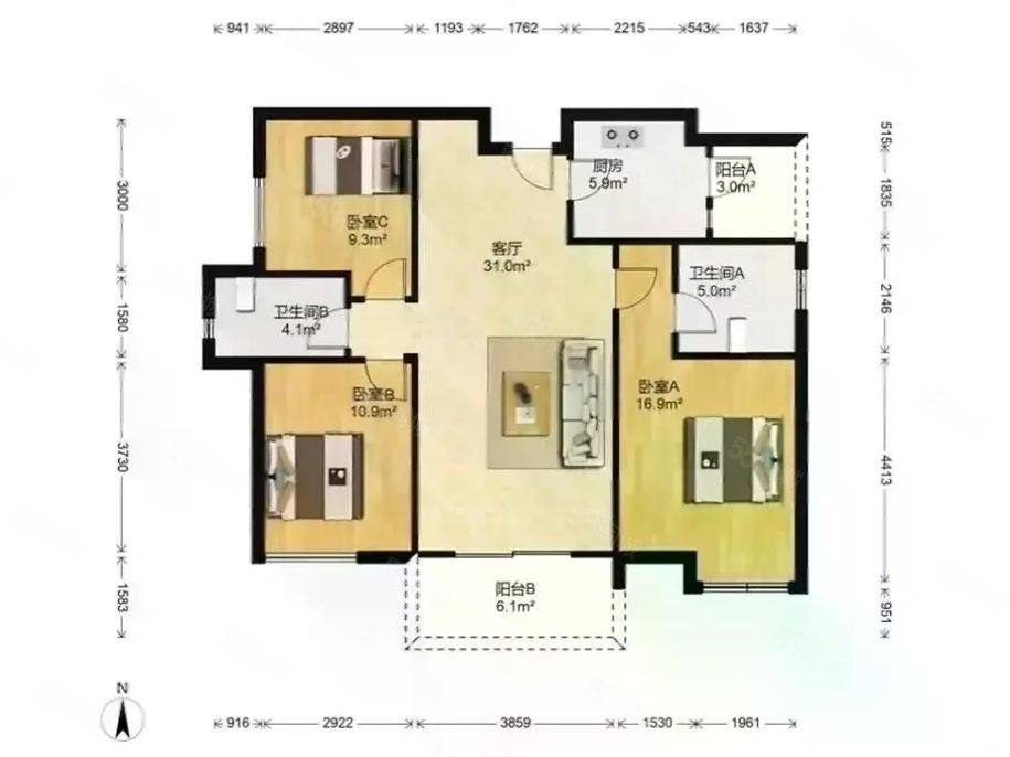 当代璞誉3室2厅2卫90㎡南北200万