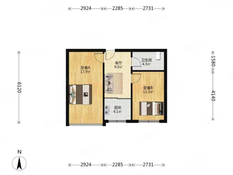 鹏辉新天居(一期)2室1厅1卫61㎡南62万