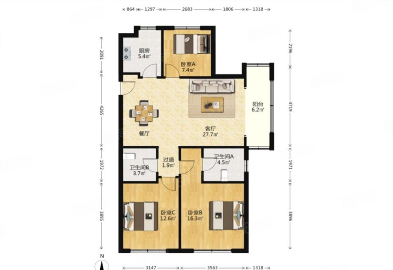 保利叶公馆A区(合肥路)3室2厅2卫119.23㎡南北343万