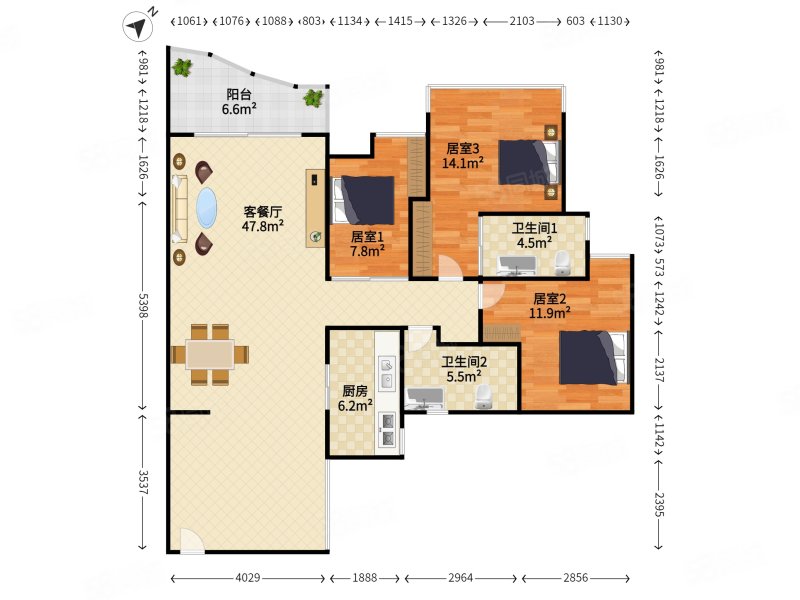 名家富居3室2厅2卫107.35㎡西南998万