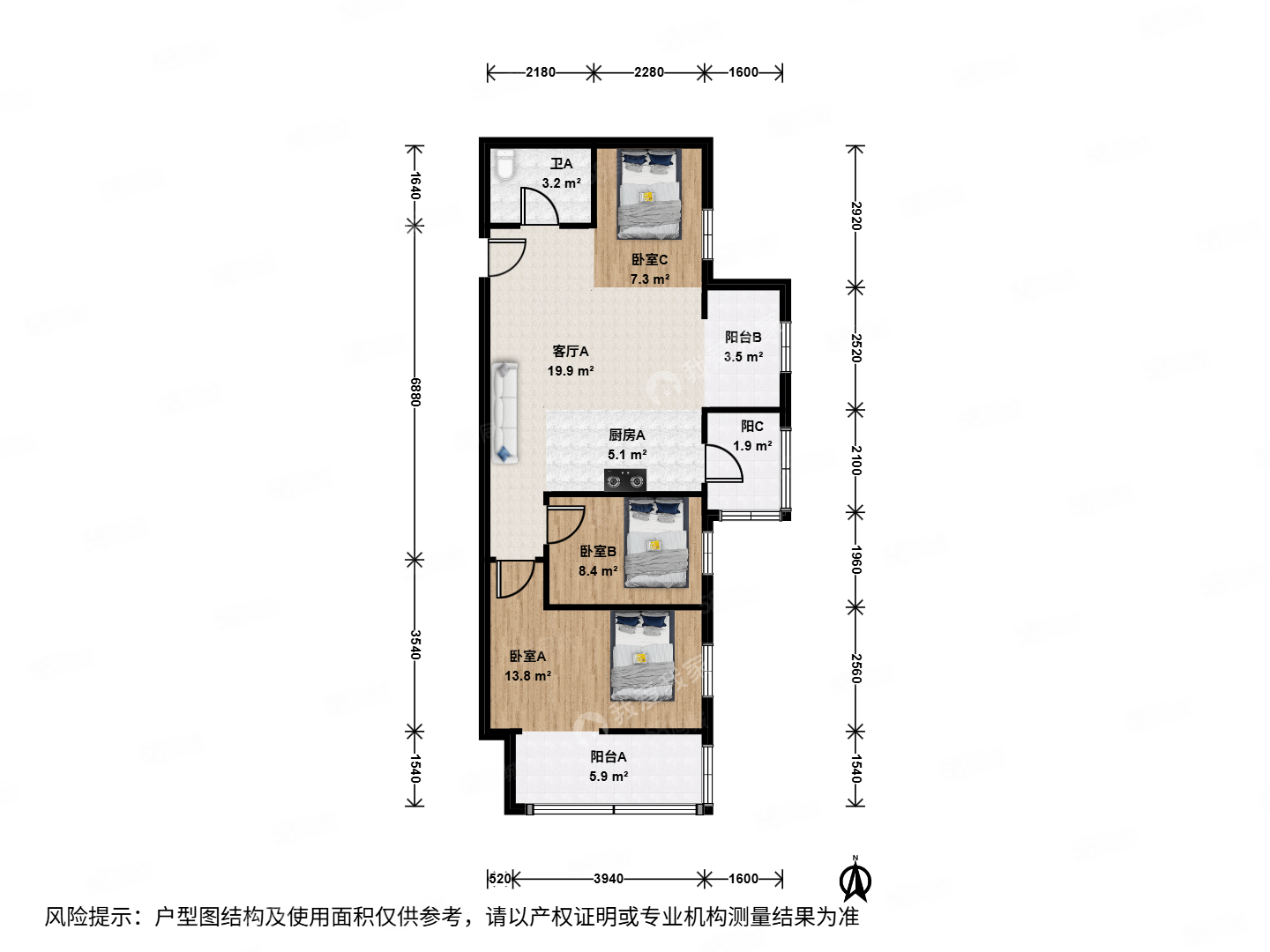 垡頭翠成馨園(D區(qū))3室1廳1衛(wèi)98.63㎡東南310萬
