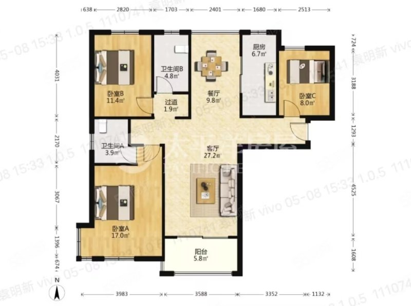 保利叶上海(三期公寓住宅)3室2厅2卫93.68㎡南北398万