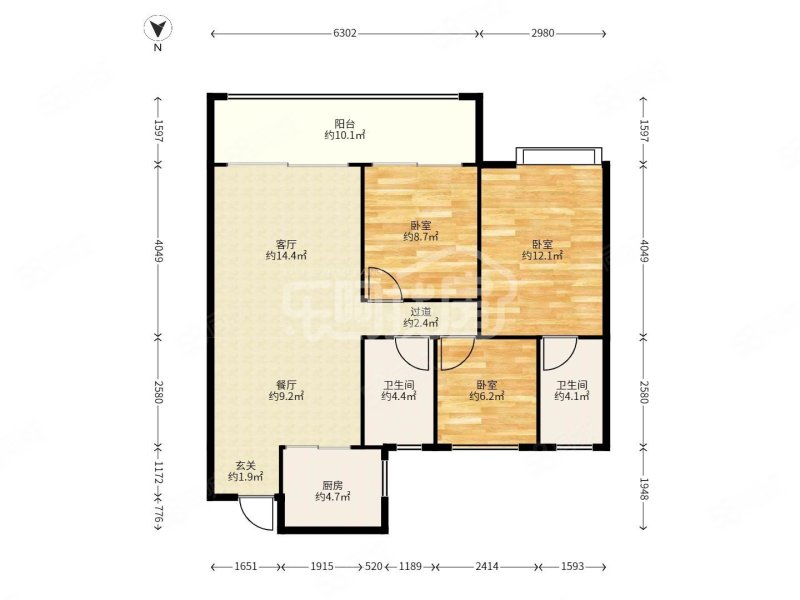 三迪西城枫丹3室2厅2卫96.48㎡南北93万