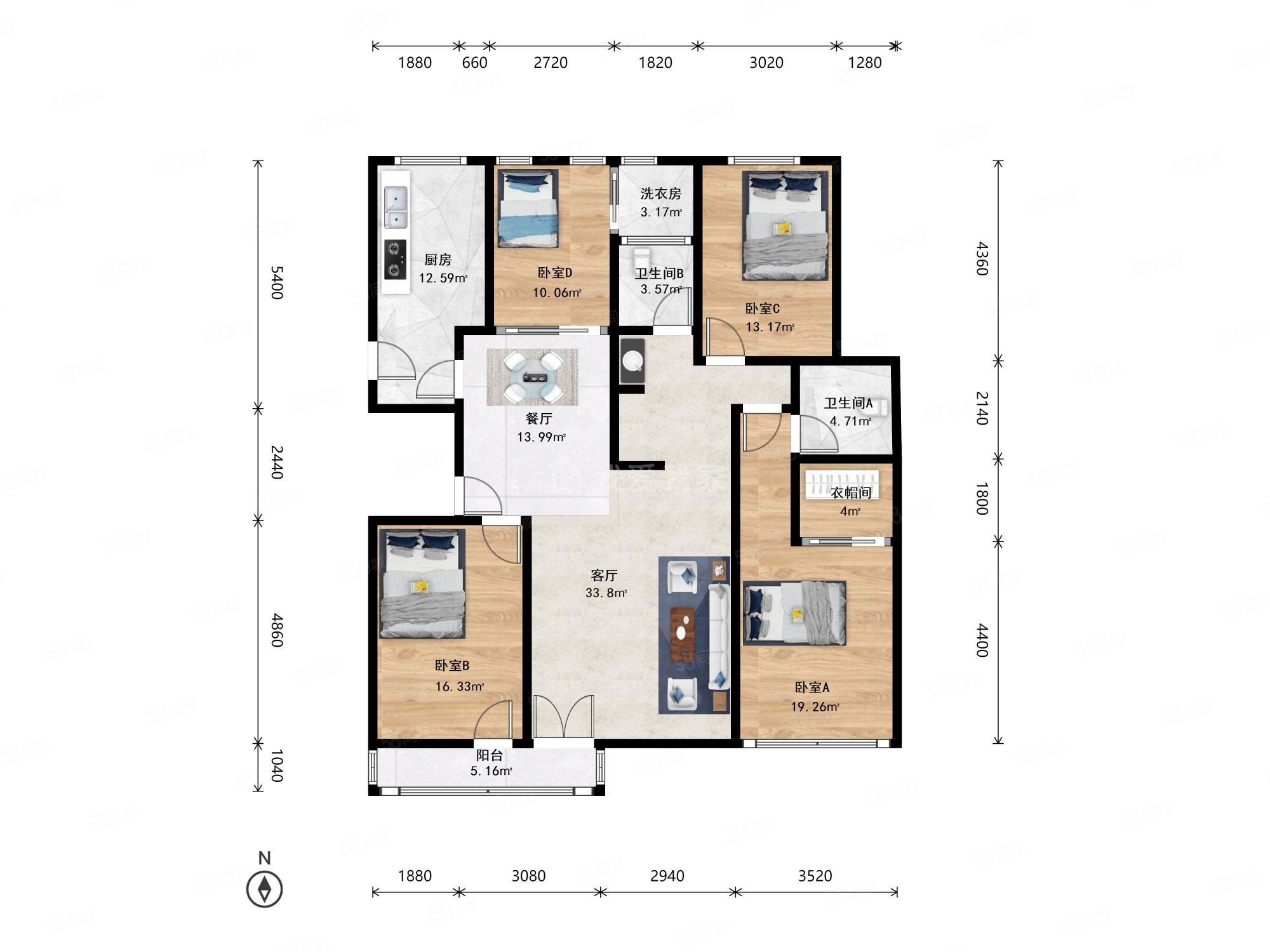 郡原相江公寓4室2厅2卫136.68㎡南716万