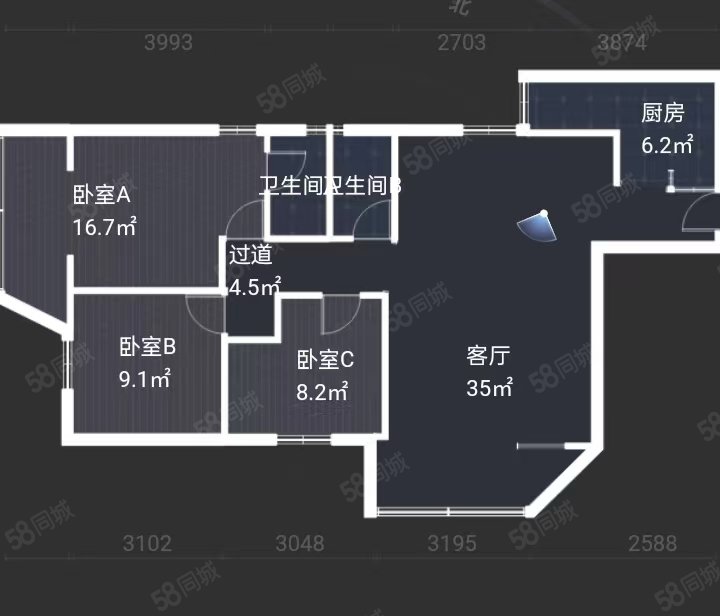 银海花园3室2厅2卫108.4㎡西南170万