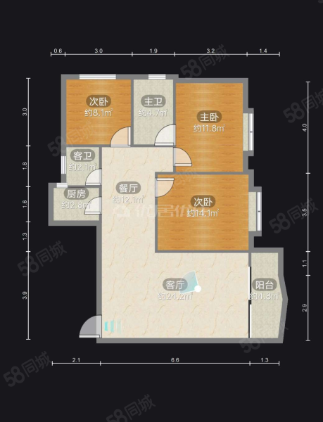 万福花园3室2厅2卫112.3㎡南北61.8万