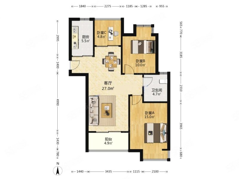 旭日爱上城第四区南区3室2厅1卫90.3㎡南185万