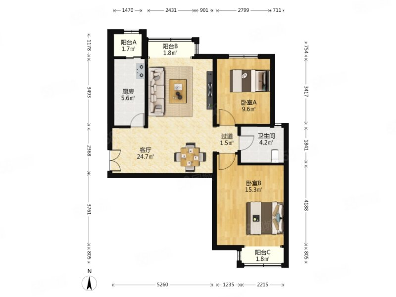 融景城(西区)2室1厅1卫86.77㎡南北523万