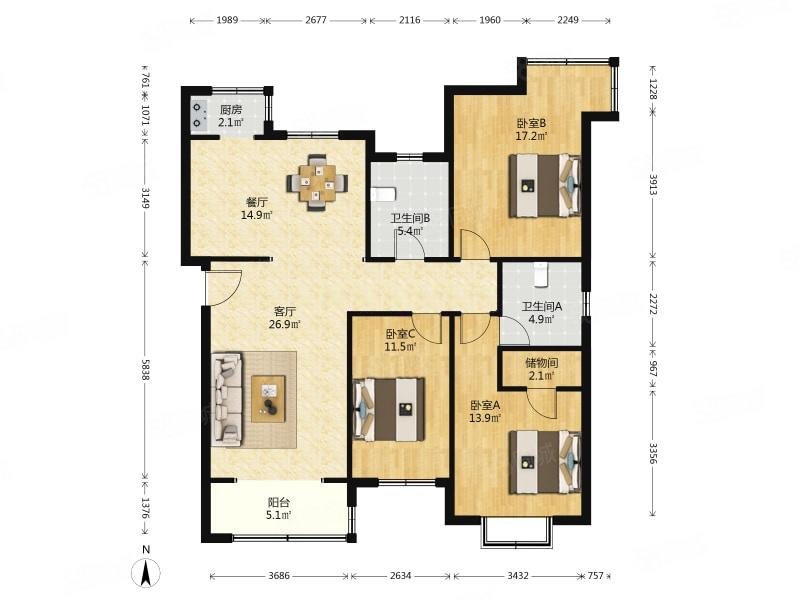 时代奥城3室2厅2卫145.87㎡南北455万