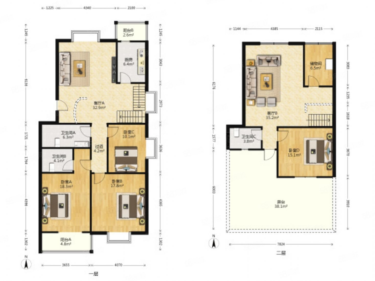 蔚蓝花城七色镇(a区)4室3厅2卫190.49㎡南北220万