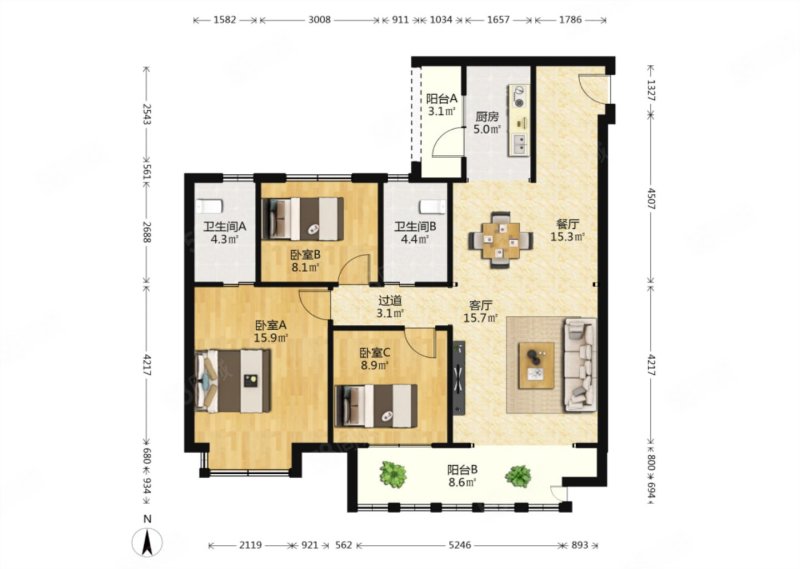 儒辰玉兰公馆3室2厅2卫128㎡南北90万