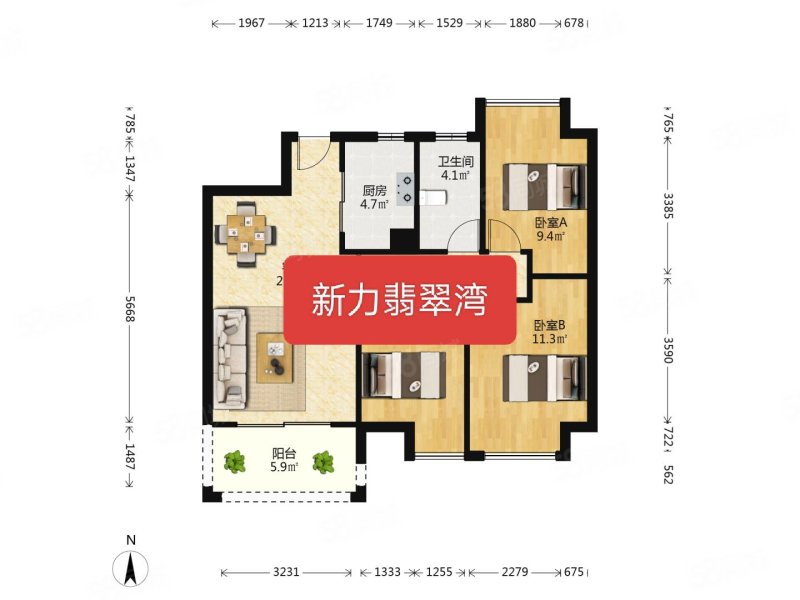 新力翡翠湾3室2厅1卫87㎡南75万