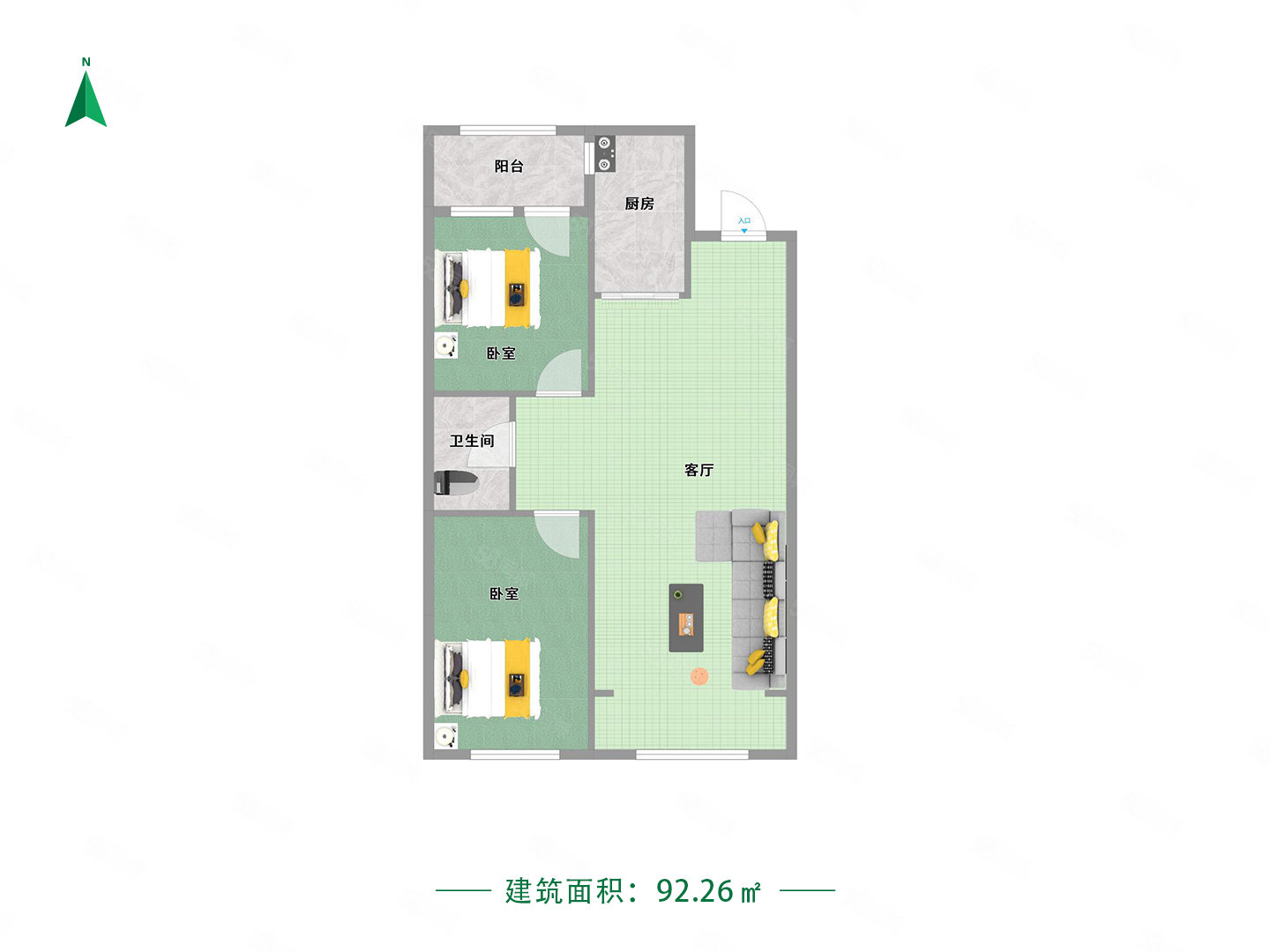 巴塞罗那晶座2室1厅1卫92.26㎡南北107万