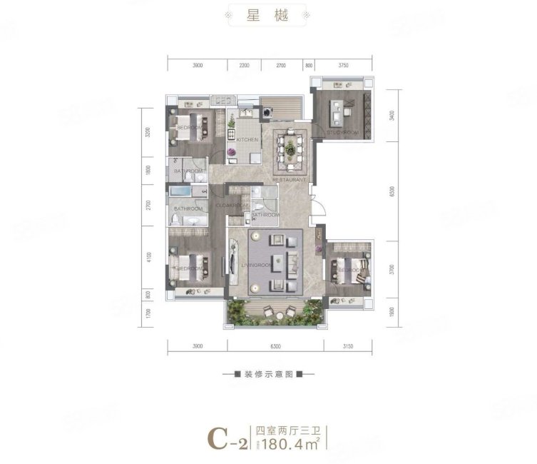 中洲锦城湖岸4室2厅2卫180.19㎡南910万