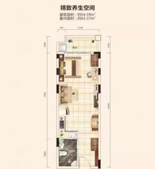 恒大养生谷1室0厅1卫43.74㎡南北90万